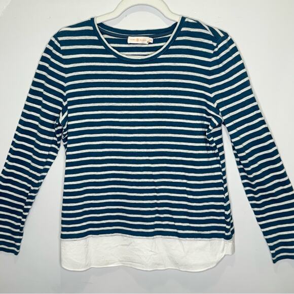 Tory Burch Tops - Tory Burch 100% Linen Stripe Minimalist Crew Neck Long‎ Sleeve Shirt Hem Medium